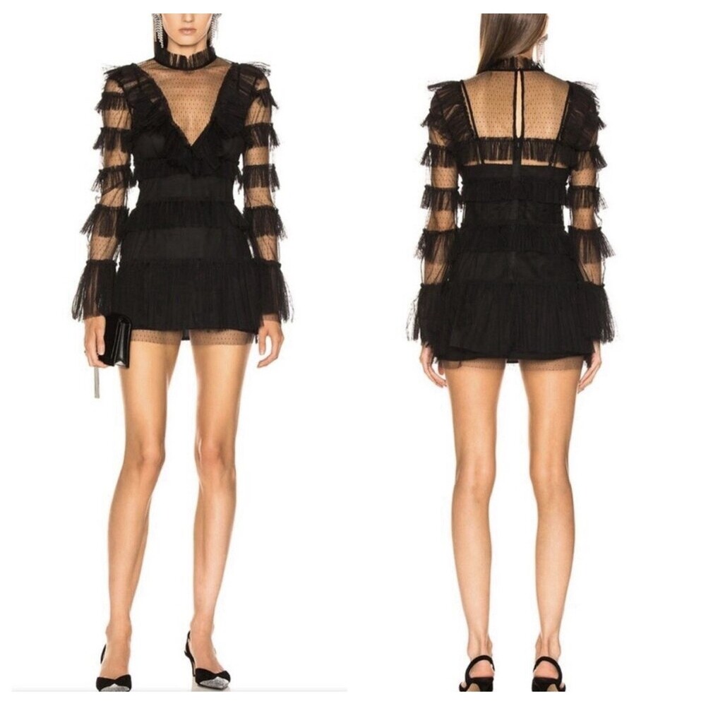 Alice McCall Black Ruffle Sheer Mesh Tiered Mini Dress Long Sleeve Size 6
